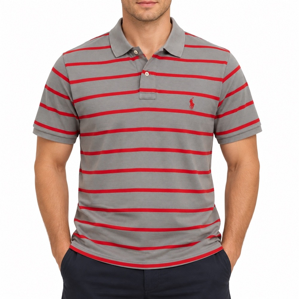 Polo Ralph Lauren Soft Touch Striped Short Sleeve Polo Shirt Grey Red Mens XXL